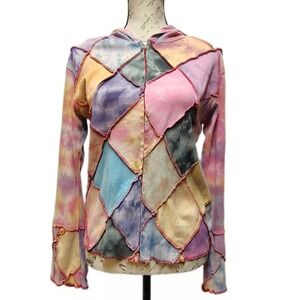 Shop Therapy Patchwork Tie Dye Zip Up Hoodie Large Flare Sleeve Y2K Hippie Boho